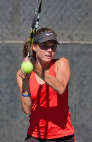 Michael Mangum  |  Special to the Tribune

Park City High School's Livi Rockwood backhands a return during the 3A first singles tennis state championship finals against Madz Eames of Desert Hills High at Liberty Park in Salt Lake City, UT on Saturday, October 10, 2015. Rockwood defeated Eames in the championship match.