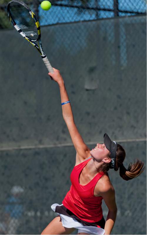 Michael Mangum  |  Special to the Tribune

Park City High School's Livi Rockwood serves the ball during the 3A first singles tennis state championship finals against Madz Eames of Desert Hills High at Liberty Park in Salt Lake City, UT on Saturday, October 10, 2015. Rockwood defeated Eames in the championship match.