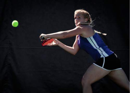 Michael Mangum  |  Special to the Tribune

Desert Hills High School's Madz Eames lunges for a backhand return during the 3A first singles tennis state championship finals against Livi Rockwood of Park City High at Liberty Park in Salt Lake City, UT on Saturday, October 10, 2015. Eames was defeated by Rockwood in the championship match.