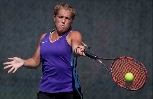 Michael Mangum  |  Special to the Tribune

Desert Hills High School's Madz Eames hits a forehand return during the 3A first singles tennis state championship finals against Livi Rockwood of Park City High at Liberty Park in Salt Lake City, UT on Saturday, October 10, 2015. Eames was defeated by Rockwood in the championship match.