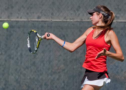 Michael Mangum  |  Special to the Tribune

Park City High School's Livi Rockwood hits a forehand return during the 3A first singles tennis state championship finals against Madz Eames of Desert Hills High at Liberty Park in Salt Lake City, UT on Saturday, October 10, 2015. Rockwood defeated Eames in the championship match.