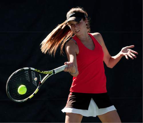 Michael Mangum  |  Special to the Tribune

Park City High School's Livi Rockwood hits a forehand smash during the 3A first singles tennis state championship finals against Madz Eames of Desert Hills High at Liberty Park in Salt Lake City, UT on Saturday, October 10, 2015. Rockwood defeated Eames in the championship match.