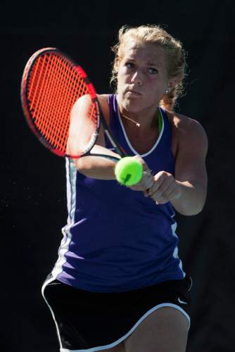 Michael Mangum  |  Special to the Tribune

Desert Hills High School's Madz Eames hits a backhand return during the 3A first singles tennis state championship finals against Livi Rockwood of Park City High at Liberty Park in Salt Lake City, UT on Saturday, October 10, 2015. Eames was defeated by Rockwood in the championship match.