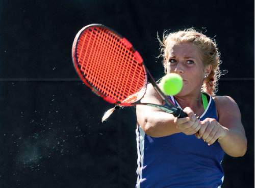 Michael Mangum  |  Special to the Tribune

Desert Hills High School's Madz Eames hits a backhand smash during the 3A first singles tennis state championship finals against Livi Rockwood of Park City High at Liberty Park in Salt Lake City, UT on Saturday, October 10, 2015. Eames was defeated by Rockwood in the championship match.