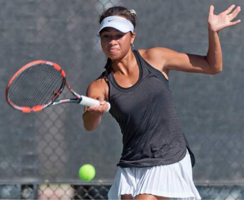 Michael Mangum  |  Special to the Tribune

Leah Heimuli of Lone Peak High School hits a forearm smash during the 5A first singles tennis state championship finals against Whitney Turley of Davis High at Liberty Park in Salt Lake City, UT on Saturday, October 10, 2015. Heimuli was defeated by Turley in championship match.