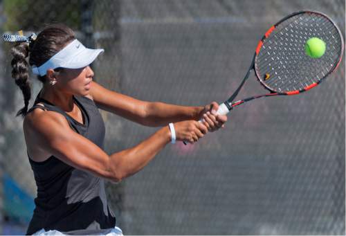 Michael Mangum  |  Special to the Tribune

Leah Heimuli of Lone Peak High School backhands the ball during the 5A first singles tennis state championship finals against Whitney Turley of Davis High at Liberty Park in Salt Lake City, UT on Saturday, October 10, 2015. Heimuli was defeated by Turley in championship match.