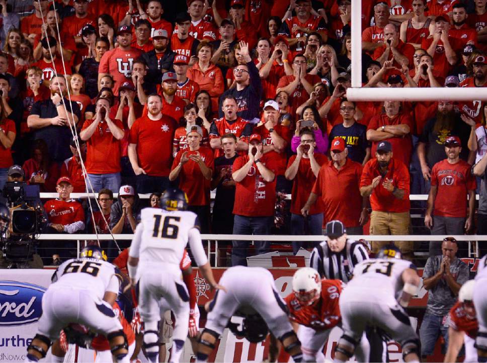 Scott Sommerdorf   |  The Salt Lake Tribune
Utah fans in the north end zone harass Cal QB Jared Goff and the Cal offense during first half play. Utah held a 24-17 lead at the half, Saturday, October 10, 2015.