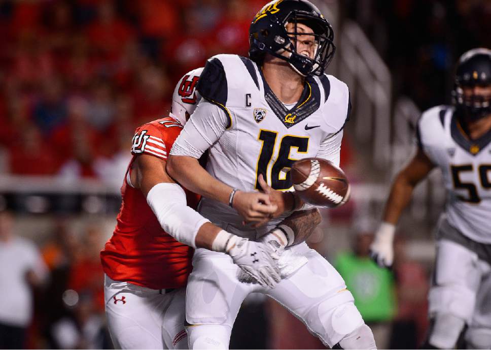 Scott Sommerdorf   |  The Salt Lake Tribune
Utah DE Kylie Fitts sacks Cal QB Jared Goff causing him to fumble. Cal recovered, but was forced to punt the following play. Utah beat Cal 30-24, Saturday, October 10, 2015.