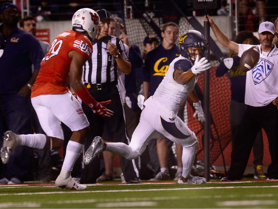 Scott Sommerdorf   |  The Salt Lake Tribune
Cal WR Trevor Davis could not hold onto this pass during Cal's last drive. Utah beat Cal 30-24, Saturday, October 10, 2015.
