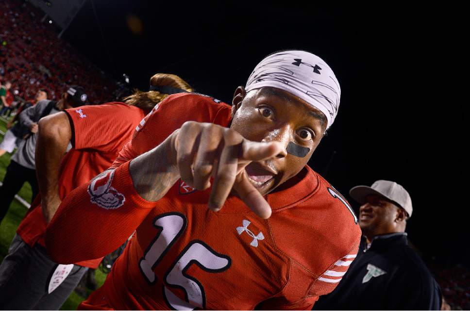 Scott Sommerdorf   |  The Salt Lake Tribune
Utah DB Dominique Hatfield clowns with the camera after the Ute defense stopped Cal on 4th & 5 to seal the 30-24 win over Cal, Saturday, October 10, 2015.