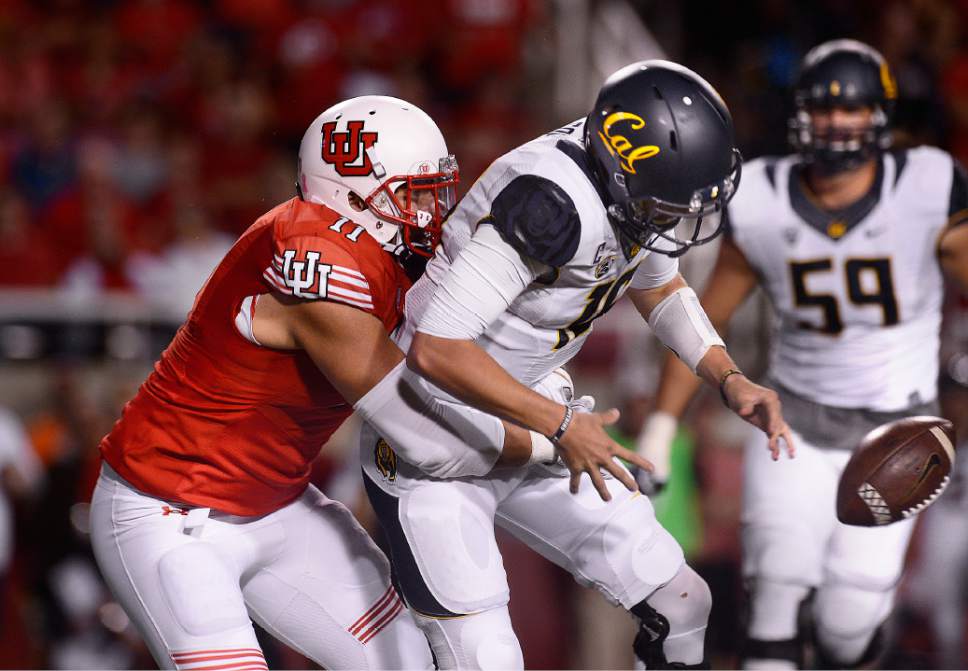 Scott Sommerdorf   |  The Salt Lake Tribune
Utah DE Kylie Fitts sacks Cal QB Jared Goff causing him to fumble. Cal recovered, but was forced to punt the following play. Utah beat Cal 30-24, Saturday, October 10, 2015.