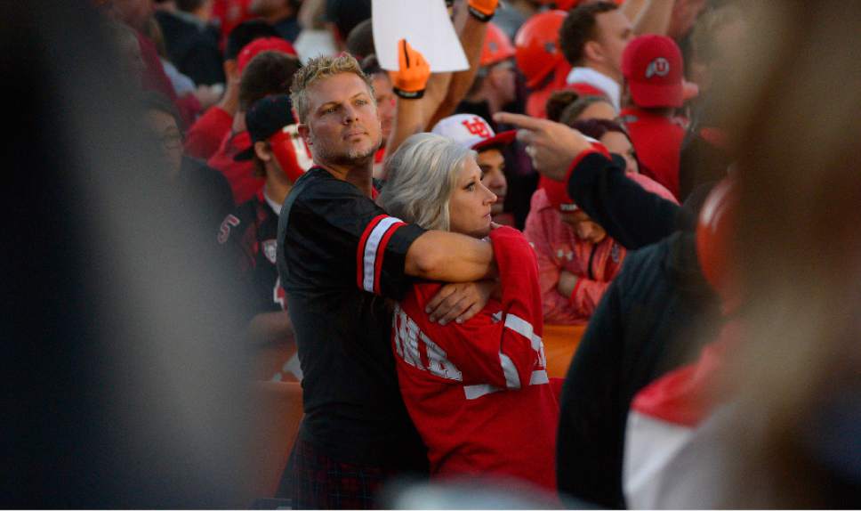 Leah Hogsten  |  The Salt Lake Tribune
Rick Jensen and Crystal McPhie joined the crowd for the early morning ESPN taping. Hundreds of fans cheered for their teams Saturday, October 10, 2015, at The University of Utah's President's Circle, during the filming of ESPN's "College GameDay," a sports television show that previews and predicts winners of the nation's college football games and picked No. 5 Utah to beat No. 23 Cal.