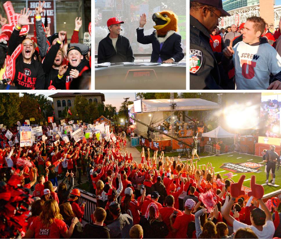 Salt Lake Tribune File Photos

Top left: Ute fans whoop it up behind the set of College GameDay. The ESPN College Gameday priogram did its broadcast at the University of Utah prior to the TCU at Utah game, Saturday, Nov, 6, 2010.

Top middle: John Stockton and Lee Corso laugh as Corso places the head of Swoop, Utah's mascot, on his head, predicting the Utes would defeat Cal. October 10, 2015.

Top right: James Rex, a self described BYU diehard fan, explains to a Universtiy of Utah police officer why he came to Rice Stadium for the taping of ESPN's Game Day wearing a provocative shirt. James and his brother Dale Rex, wearing a BYU sweatshirt were escorted behind a barrier for their own protection. Nov. 19, 2004.          

Bottom: Hundreds of fans cheered for their teams Saturday, October 10, 2015, at The University of Utah's President's Circle before Utah faced Cal.