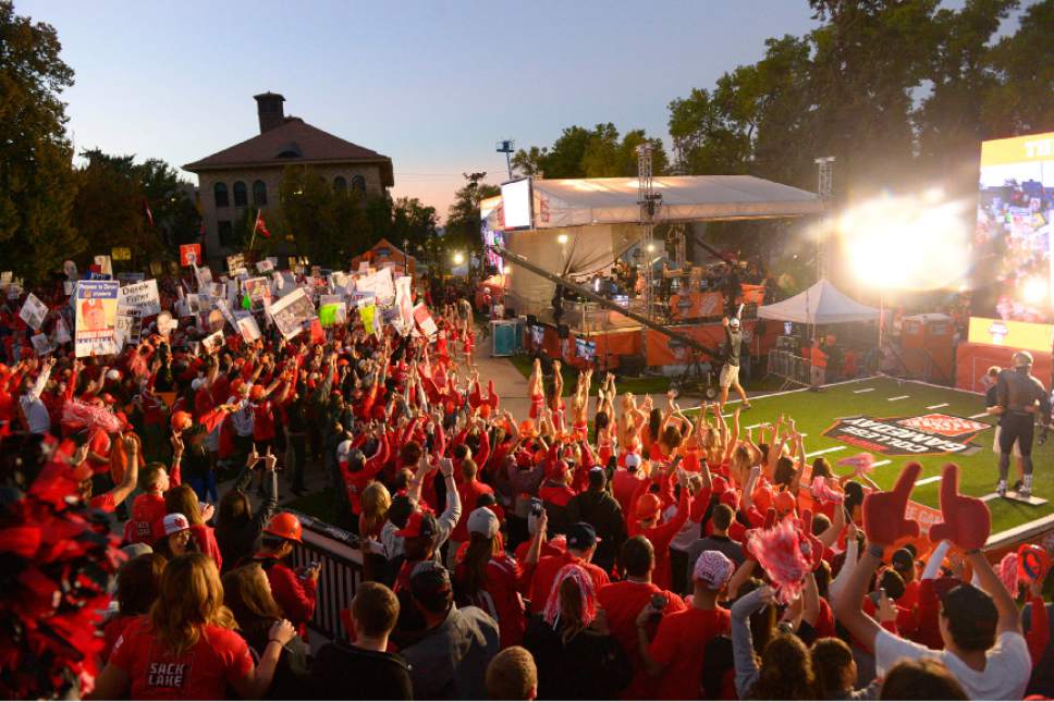 Leah Hogsten  |  The Salt Lake Tribune
Hundreds of fans cheered for their teams Saturday, October 10, 2015, at The University of Utah's President's Circle, during the filming of ESPN's "College GameDay," a sports television show that previews and predicts winners of the nation's college football games and picked No. 5 Utah to beat No. 23 Cal.