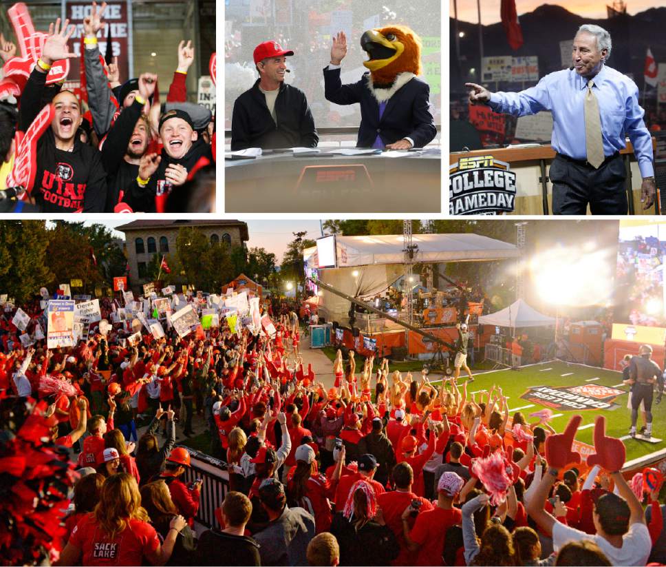 Salt Lake Tribune File Photos

Top left: Ute fans whoop it up behind the set of College GameDay. The ESPN College Gameday priogram did its broadcast at the University of Utah prior to the TCU at Utah game, Saturday, Nov, 6, 2010.

Top middle: John Stockton and Lee Corso laugh as Corso places the head of Swoop, Utah's mascot, on his head, predicting the Utes would defeat Cal. October 10, 2015.

Top right: James Rex, a self described BYU diehard fan, explains to a Universtiy of Utah police officer why he came to Rice Stadium for the taping of ESPN's Game Day wearing a provocative shirt. James and his brother Dale Rex, wearing a BYU sweatshirt were escorted behind a barrier for their own protection. Nov. 19, 2004.          

Bottom: Hundreds of fans cheered for their teams Saturday, October 10, 2015, at The University of Utah's President's Circle before Utah faced Cal.