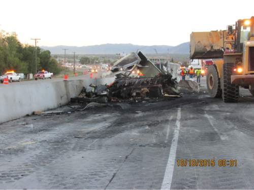 This is all that was left of a trailer full of furniture that caught fire on I-15. A passing motorist alerted the semi's driver, allowing him to pull over and escape the flames unharmed Saturday. (UHP photo)