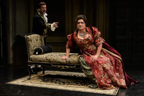 Francisco Kjolseth | The Salt Lake Tribune
Utah Opera is opening its season with "Tosca," one of the best operas of all time. On the set: Michael Chioldi (Baron Scarpia, left, evil chief of police in early 19th-century Rome) and Kara Shay Thomson (Floria Tosca, famous opera singer).