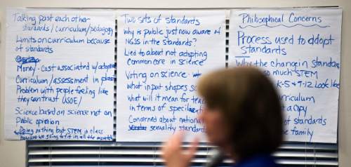 Steve Griffin  |  The Salt Lake Tribune

Syd Dickson, deputy superintendent of the Utah State Office of Education, front, stands in front of sheets of paper used to write down concerns from parents, teachers and administrators as representatives from the Utah State Office of Education during an informational meeting on the new Science Core Standards in Provo, Utah Wednesday, May 6, 2015.