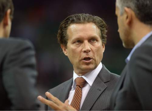 Steve Griffin  |  The Salt Lake Tribune

Utah Jazz head coach Quin Snyder talks with his coaches during a time out in the Utah Jazz versus the Portland Trailblazers preseason NBA basketball game at EnergySolutions Arena in Salt Lake City, Monday, October 12, 2015.
