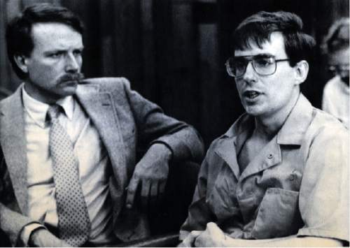 Tribune file photo
Defense attorney Brad Rich, left, and confessed bomber Mark Hofmann appear before the Utah Board of Pardons where Hofmann was told he would spend the rest of his natural life in prison for the Oct. 15, 1986 bombing deaths of two Salt Lake City-area residents