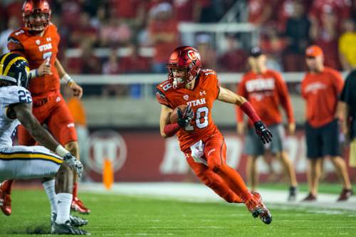 Chris Detrick  |  The Salt Lake Tribune
Utah Utes wide receiver Britain Covey (18) runs the ball during the second half of the game at Rice-Eccles Stadium Thursday September 3, 2015.  Utah defeated Michigan 24-17.