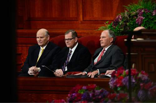 Scott Sommerdorf   |  The Salt Lake Tribune
The newest members of the Quorum of the Twelve Apostles, Dale G. Renlund, Gary E. Stevenson and Ronald A. Rasband sit in their new positions at the 185th Semiannual General Conference, Sunday, October 4, 2015.