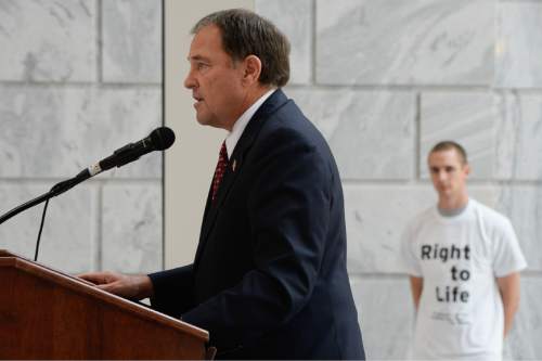 Francisco Kjolseth | The Salt Lake Tribune
Utah Gov. Gary Herbert speaks to a crowd of supporters in the Capitol Rotunda after his recent decision to remove the state from federal funding of Planned Parenthood during the "Women Betrayed" rally on Wednesday, Aug. 19.