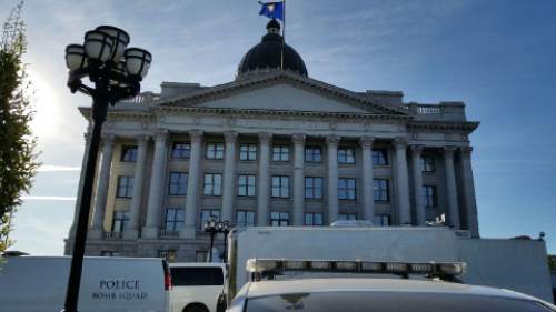 Lennie Mahler  |  The Salt Lake Tribune 

Police investigate a suspicious package left at the Utah Capitol on Thursday, Oct. 15, 2015.