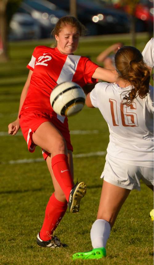 Leah Hogsten  |  The Salt Lake Tribune
American Fork's Jamie Shepard fights for possession. Davis High School girls soccer team defeated American Fork, Thursday, October 15, 2015.
