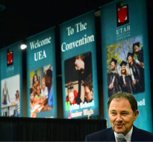 Steve Griffin  |  The Salt Lake Tribune

Gov. Gary Herbert attends the Hot Topics and Hot Dogs discussion as the keynote speaker at the Annual Utah Education Association Convention & Education Exposition at the South Towne Expo Center in Sandy, Thursday, October 15, 2015.