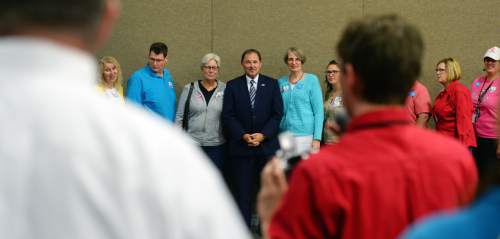 Steve Griffin  |  The Salt Lake Tribune

Gov. Gary Herbert stands for a photo op following his talk during the Hot Topics and Hot Dogs discussion at the Annual Utah Education Association Convention & Education Exposition at the South Towne Expo Center in Sandy, Thursday, October 15, 2015.