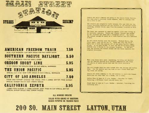 Rick Egan  |  The Salt Lake Tribune

Menu from The Main Street Station, a restaurant that was previously in the old train station on Main Street in Layton, Friday, August 28, 2015.
