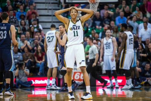 Chris Detrick  |  The Salt Lake Tribune
Utah Jazz guard Dante Exum (11) reacts during the game at EnergySolutions Arena Friday April 10, 2015. Memphis Grizzlies won the game 89-88.