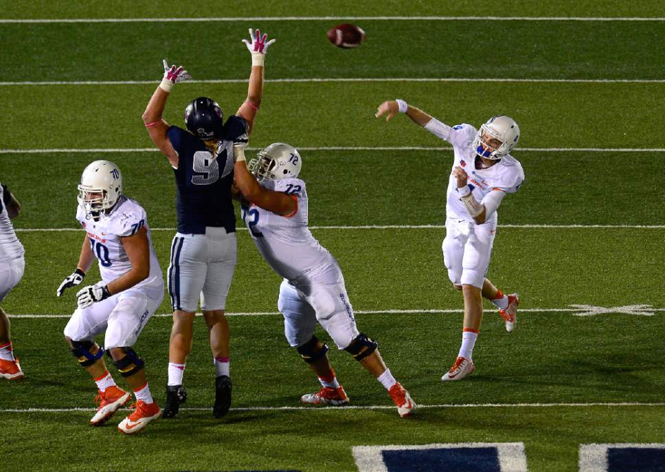 Scott Sommerdorf   |  The Salt Lake Tribune
Boise State Broncos QB Brett Rypien (4) throws during first half play. Utah State led Boise State 45-10 at the half, Friday, October 15, 2015.