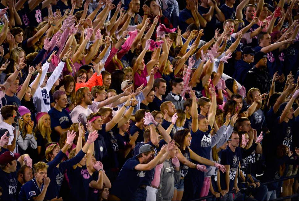 Scott Sommerdorf   |  The Salt Lake Tribune
USU fans cheer during USU's first half as they dominated Boise State. Utah State led Boise State 45-10 at the half, Friday, October 15, 2015.