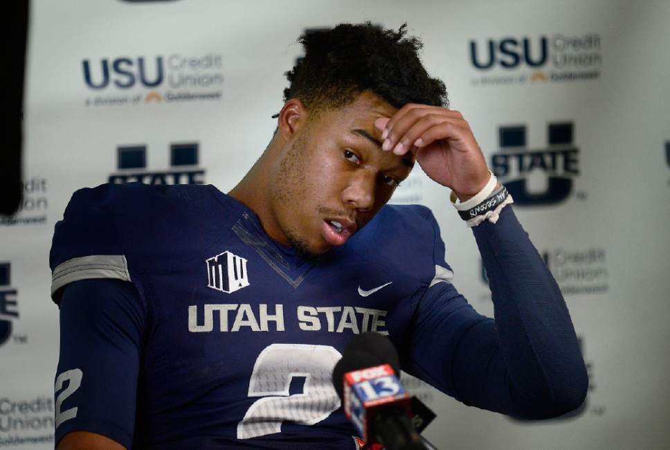 Scott Sommerdorf   |  The Salt Lake Tribune
In a post-game press conference, Utah State Aggies QB Kent Myers (2) talks about the team's win. Utah State defeated Boise State 52-26 in Logan, Friday, October 15, 2015.