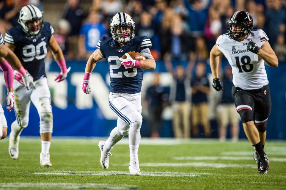 Chris Detrick  |  The Salt Lake Tribune
Brigham Young Cougars wide receiver Rickey Shumway (23) runs the ball during the game at LaVell Edwards Stadium Friday October 16, 2015.