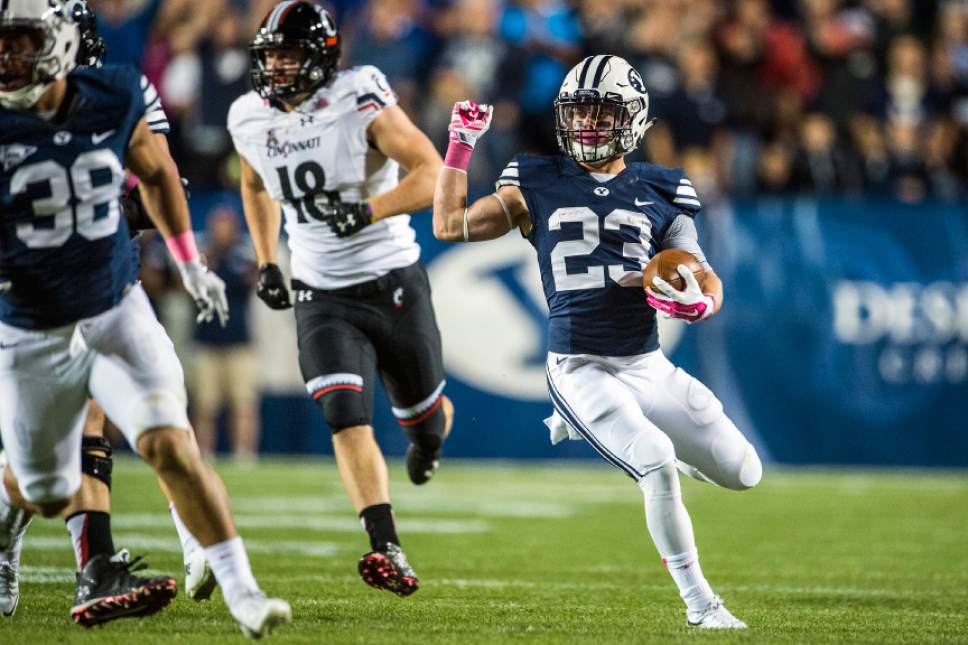 Chris Detrick  |  The Salt Lake Tribune
Brigham Young Cougars wide receiver Rickey Shumway (23) runs the ball during the game at LaVell Edwards Stadium Friday October 16, 2015.