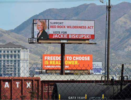 Lennie Mahler  |  The Salt Lake Tribune
A billboard near the 600 South exit of northbound I-15 urges voters to back mayoral candidate Jackie Biskupski .