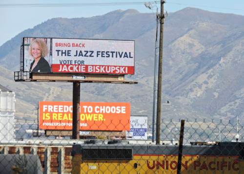 Lennie Mahler  |  The Salt Lake Tribune

A billboard for mayoral candidate Jackie Biskupski near the 600 South exit of northbound I-15. Friday, Oct. 16, 2015.