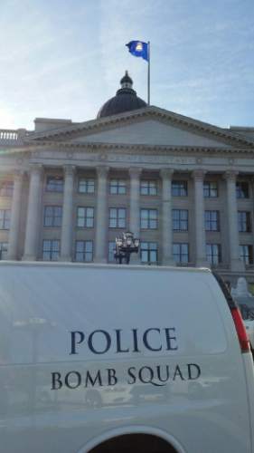 Lennie Mahler  |  The Salt Lake Tribune 

Police investigate a suspicious package left at the Utah Capitol on Thursday, Oct. 15, 2015.