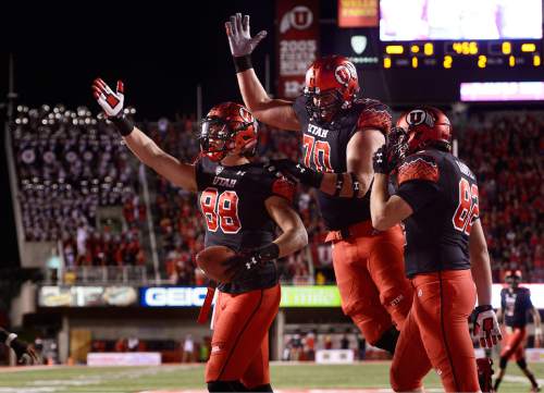 Scott Sommerdorf   |  The Salt Lake Tribune
Utah Utes TE Harrison Handley (88) celebrates after he scored on a 2 yard catch from Travis Wilson to give the Utes a 7-0 lead during first quarter play. Utah led Arizona State 14-10 at the half, Saturday, October 17, 2015.