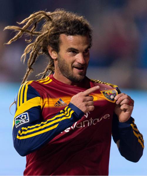 Trent Nelson  |  The Salt Lake Tribune
Real Salt Lake's Kyle Beckerman (5) celebrates his second-half goal as Real Salt Lake faces Chivas USA at Rio Tinto Stadium in Sandy, Wednesday October 22, 2014.