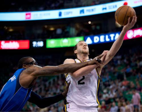 Lennie Mahler  |  The Salt Lake Tribune

Joe Ingles draws a foul from Amar'e Stoudemire in the first half as the Utah Jazz faced the Dallas Mavericks at EnergySolutions Arena on Monday, April 13, 2015.