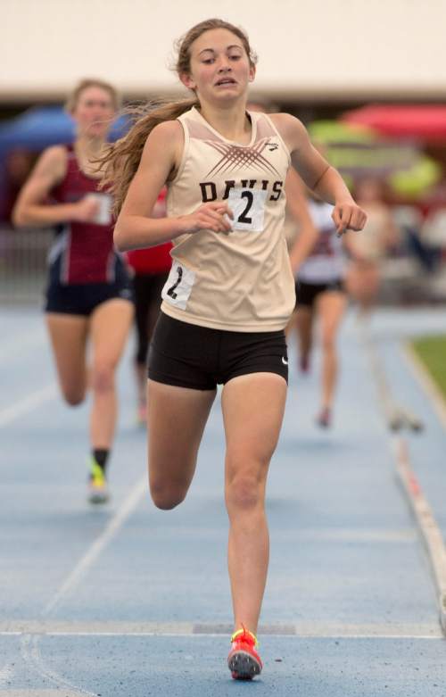 Rick Egan  |  The Salt Lake Tribune

Aubrey Argyle, Davis, edges out Lucy Biles, Herrimann, to take first place in the 5A girls 1600 Meter run, in the Utah State Track Championships at BYU, Friday, May 15, 2015.