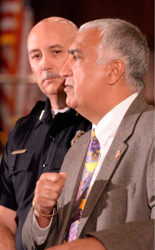 Al Hartmann  |  The Salt Lake Tribune
Salt Lake County District Attorney Sim Gill, right, holds a press conference Monday October 19 with Salt Lake City Police Chief Mike Brown to discuss the findings of the Officer Involved Critical Incident (OICI) review with Salt Lake County Sheriff's office in the Sept. 23 incident involving Salt Lake City Police Department Officer Ben Hone who shot and killed a home intruder as he assaulted Salt Lake City residents and sisters Breann and Kayli Lasley.   The review determined the use of deadly force by Hone was legally justified.