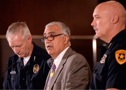 Al Hartmann  |  The Salt Lake Tribune
Salt Lake County District Attorney Sim Gill holds a press conference Monday October 19 with Salt Lake City Police Chief Mike Brown, right, to discuss the findings of the Officer Involved Critical Incident (OICI) review and Salt Lake County Sheriff Jim Winder, left, in the Sept. 23 incident involving  Salt Lake City Police Department Officer Ben Hone who shot and killed a home intruder as he assaulted Salt Lake City residents and sisters Breann and Kayli Lasley.   The review determined the use of deadly force by Hone was legally justified.