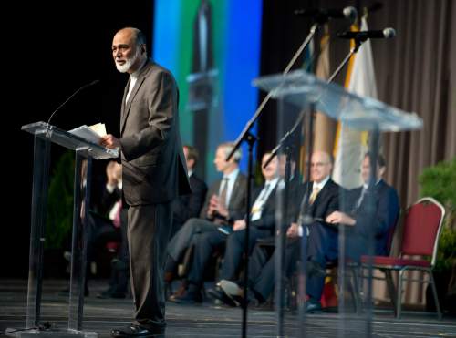 Lennie Mahler  |  The Salt Lake Tribune
Imam Malik Mujahid, chairman for the Parliament of the World's Religions, speaks during the opening plenary at the 2015 Parliament held inside the Salt Palace Convention Center on Thursday in Salt Lake City.