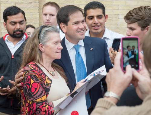 Rick Egan  |  The Salt Lake Tribune

Republican presidential candidate, Sen. Marco Rubio, R-Fla, meets with supporters after speaking at a public rally at the Utah Fair Park, Monday, October 19, 2015.
