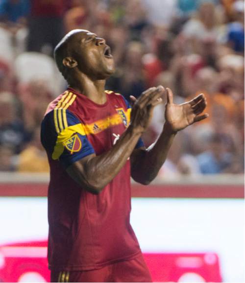 Rick Egan  |  The Salt Lake Tribune

Real Salt Lake defender Jamison Olave (4) reacts after narrowing missing a goal, in MLS action Real Salt Lake vs. The Seattle Sounders, at Rio Tinto Stadium,  Saturday, August 22, 2015.